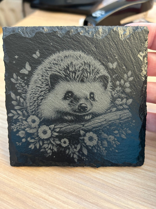 Hedgehog with flowers Engraved Square Slate Coasters FOR ANY OCCASION, Gifts,friends,family members,weddings,anniversaries,birthdays,Christmas